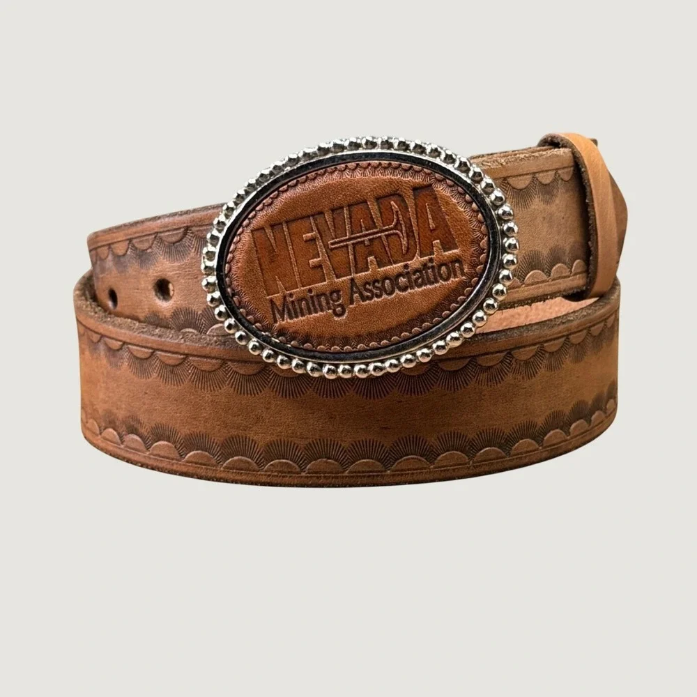 Vintage Nevada Mining Association Leather Belt Mens Size 36 Western Cowboy Ranch